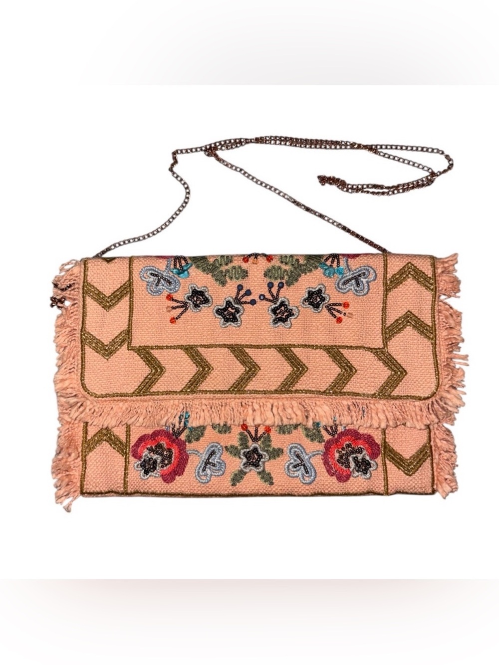 Floral Embroidered Fringe Clutch/Crossbody Bag